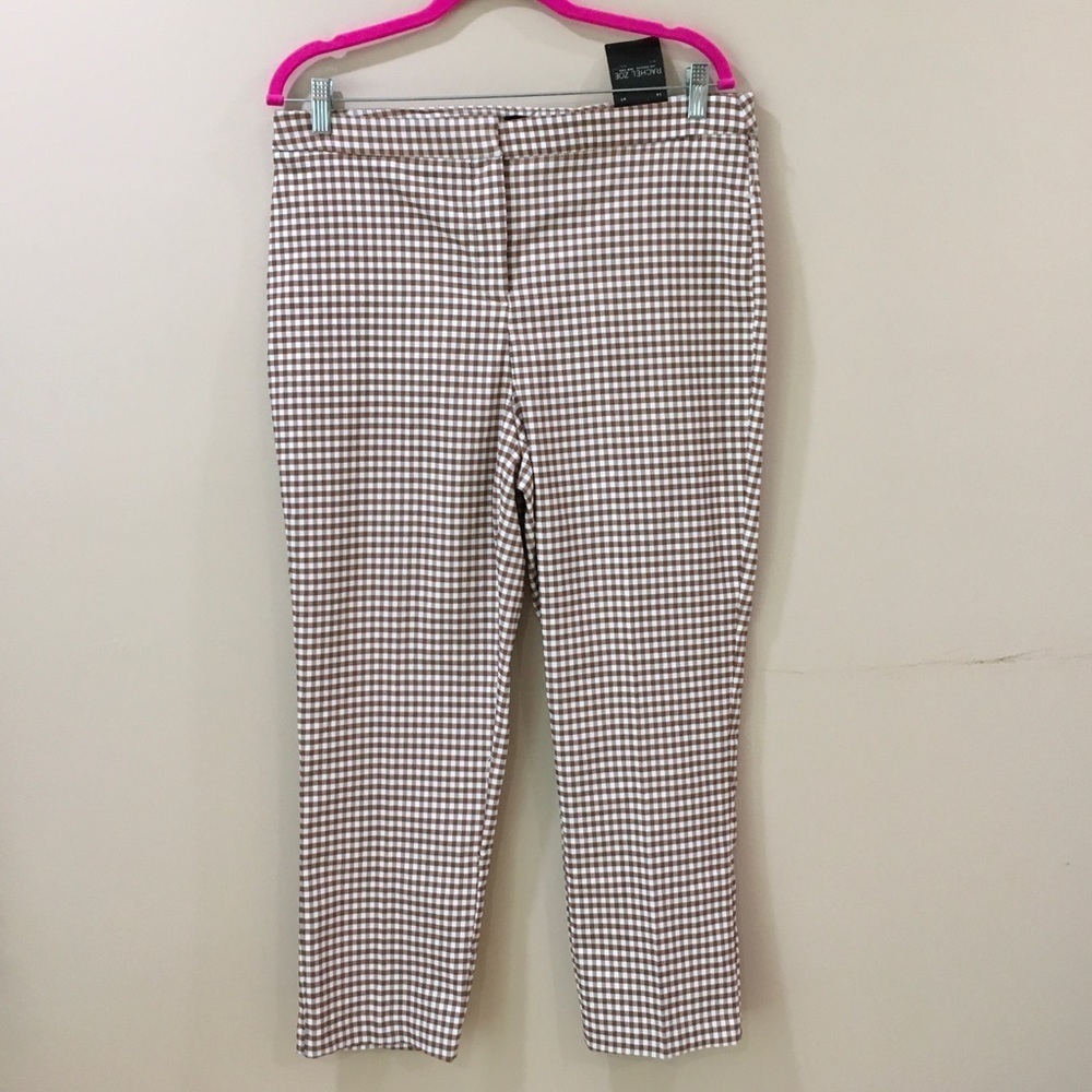 Rachel Zoe Gingham White Brown Pull On Stretch Pants Straight Leg Size 14